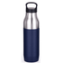A drink bottle with a stainless steel top and a navy blue bottom, featuring a handle and branding.
