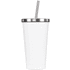 A drink bottle in white with a stainless steel lid and straw. It features a simple, sleek design.