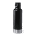 A drink bottle in black with a stainless steel bottom and a lid featuring a ring. It has a sleek, modern design.