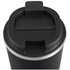 A black drink tumbler with a stainless steel band and a slide-open lid. It features a logo.