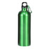 A drink bottle in metallic green with a black cap and a carabiner attachment. It features a logo.