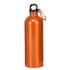 An orange drink bottle with a black top and a carabiner for attaching. It features a logo branding.