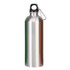 A drink bottle in stainless steel with a black top and a carabiner for attachment. Features a logo on the body.