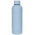 A drink bottle in a soft blue colour with a sleek, rounded design and a black rim, featuring a logo.