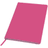 A pink notebook featuring a smooth cover and a ribbon marker, with a logo on the front.
