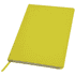 A bright yellow notebook with a smooth cover and a ribbon bookmark. It features a logo on the front.