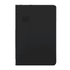 A black notebook with a smooth cover and an elastic band for secure closure. It features a logo on the front.
