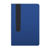 A blue notebook featuring a black elastic band closure and a smooth cover. It has a logo on the front.