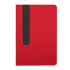 A red notebook with a black elastic band closure. Features a sleek and simple design.
