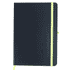A navy notebook with a bright green elastic band and a matching bookmark. It features a logo on the cover.