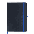 A dark navy notebook with a blue elastic band and a matching ribbon bookmark. It features a logo on the cover.