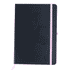 A dark blue notebook with a pink elastic band and bookmark, featuring a simple design and smooth cover.