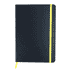 A navy notebook with a yellow elastic band and a matching ribbon marker. It has a sleek, minimalist design.