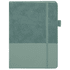 A green notebook with a textured cover and a smooth bottom section. It features a closure and a branded logo.