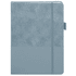 A blue notebook with a textured cover and a smooth bottom section, featuring an elastic closure and a logo.