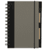 A grey and black spiral notebook featuring a pen holder and a branded logo.