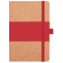 A notebook with a cork cover and a vibrant red elastic band, featuring a small red strap closure.