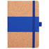 A cork notebook with a blue elastic band and a blue strap, featuring a smooth texture and rounded corners.