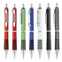 A collection of eight plastic pens in red, green, blue, black, and grey, featuring chrome accents and textured grips.