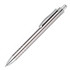A sleek silver metal pen with a clip and a smooth finish, featuring a branding logo.
