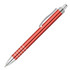 A red metal pen with chrome accents and a clip. The pen features a smooth barrel design and has a logo.