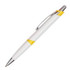 A plastic pen in white with yellow accents and a silver clip is featured. It has a sleek design and branding.