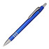 A blue plastic pen with silver accents and a clip, featuring a logo on the barrel.