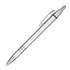 A silver plastic pen with a shiny finish and a clip. The pen features a sleek design and has a branding logo.
