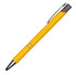A yellow metal pen with a shiny silver clip and accents. Features a sleek design ideal for writing.