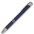 A metal pen in navy blue with silver accents and a clip, featuring a simple design.