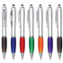 A selection of seven stylus pens in various colours, including silver, red, green, orange, and purple, with branding.