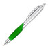 A plastic pen with a green grip and silver accents, featuring a clip and a logo.