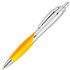 A plastic pen with a silver body and an orange grip, featuring a clip and a shiny silver tip.