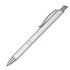 A metallic silver pen with a sleek design and a clip, featuring a branding logo.