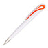 A plastic pen in white with an orange grip and a silver tip, featuring a logo on the barrel.