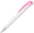 A plastic pen in white with a pink accent and a silver tip, featuring a logo on the body.