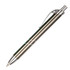 A metal pen with a sleek green and silver design, featuring a clip and decorative bands. It has a logo on the body.