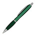 A green metal pen featuring a sleek design and chrome accents, with a logo on the body.