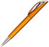 An orange plastic pen with a shiny silver clip and tip, featuring a sleek design.
