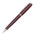 A metal pen in deep red and black with a silver clip and trim, featuring a logo.