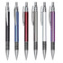 A selection of six metal pens in black, red, silver, and purple with chrome accents and spiral grips.