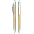 A set of metal pens with a bamboo finish and chrome accents, featuring a sleek design and a clip for attachment.