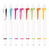 A row of white plastic pens in various colours, including black, blue, pink, red, green, and orange, with a logo.