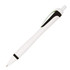 A plastic pen in white and black with a sleek design and a clip, featuring a logo on the barrel.