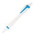 A plastic pen featuring a white body with blue accents and a clear window. The pen has a sleek design and a logo.