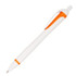 A plastic pen featuring a white body with orange accents and a clip, including a logo.