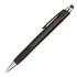 A black stylus pen with a shiny silver tip and clip, featuring a textured grip and logo.