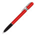 A red plastic pen with a black grip and silver accents, featuring a clip for easy attachment.