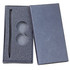 A grey pen box with a textured interior holding a pen and two indentations, featuring a logo on the exterior.