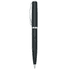 A sleek black metal ball pen with a polished silver clip and detailing. It features a ribbed barrel design.
